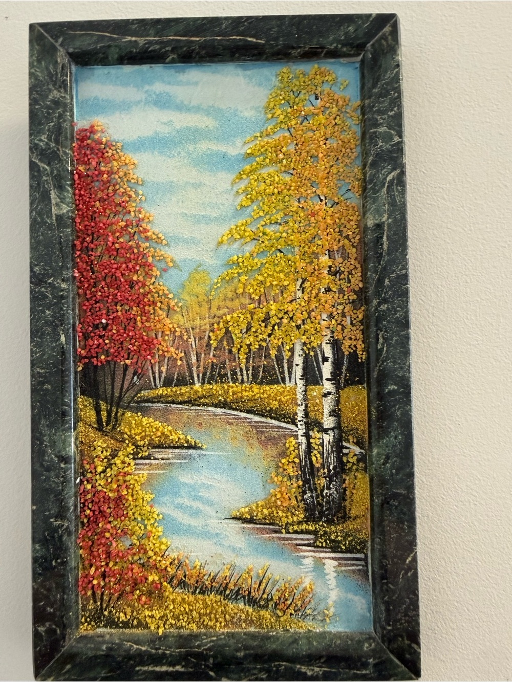Vintage 3D Crushed Mineral Gemstone Russian Art Landscape Ural Serpentine Frame